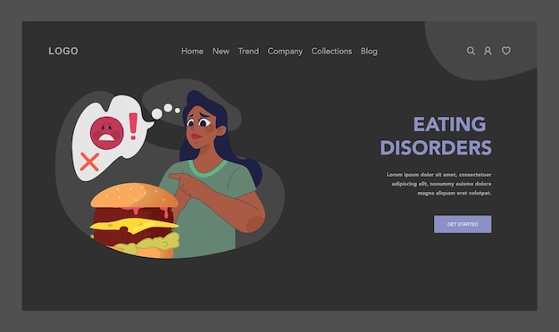 Vector eating disorders concept concerned woman points at burger showing internal struggle and fear towards