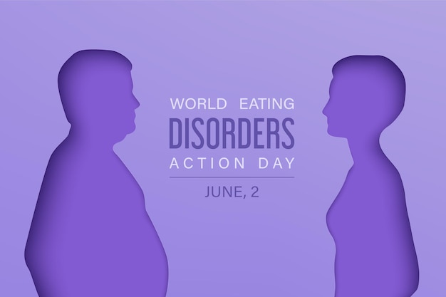 Eating disorders day background with paper layered silhouettes of slim and fat man and woman