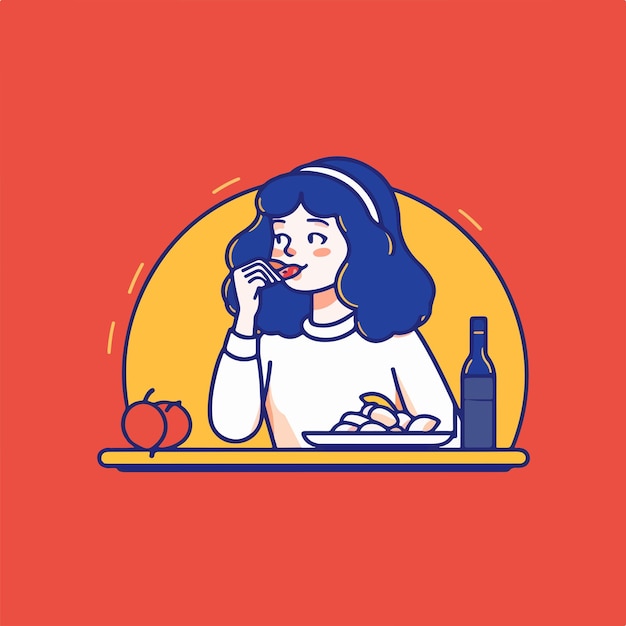 Vector eating food girl flat illustration vector