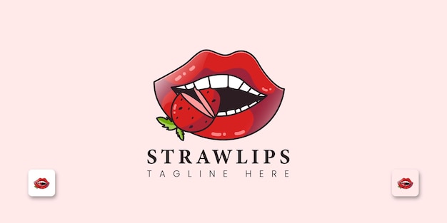 Vector eating half a strawberry. vector logo illustration