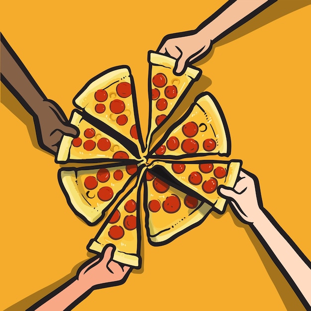 Vector eating pizza together in diversity illustration vector