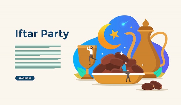 Eating together after fasting feast iftar party. moslem family dinner on ramadan kareem or eid celebrating with people character concept for web landing page template