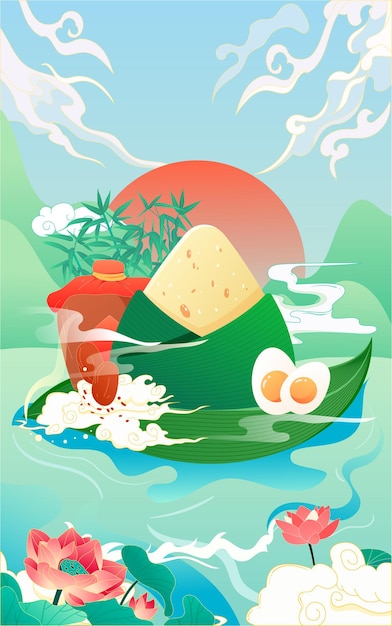 Eating zongzi on dragon boat festival traditional holiday custom vector illustration