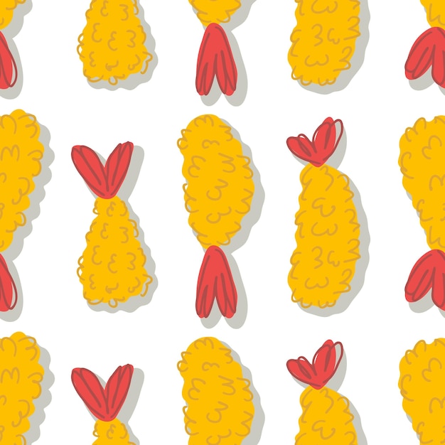 Vector ebi furai fried shrimp prawn tempura doodle seamless pattern perfect print for tshirt paper textile and fabric hand drawn vector background for decor and design