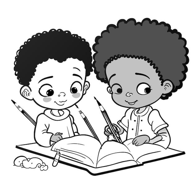 ebony children writing in a notebook vector illustration line art