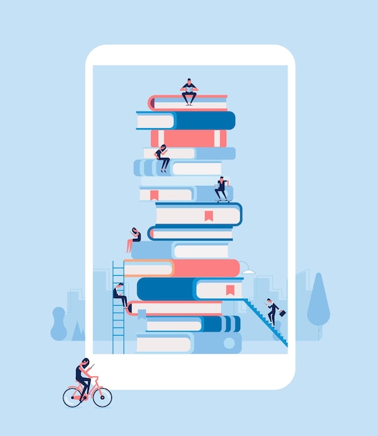 거 대 한 전화와 책의 스택 휴대 전화 평면 벡터 포스터에서 전자 책 전자 도서관
