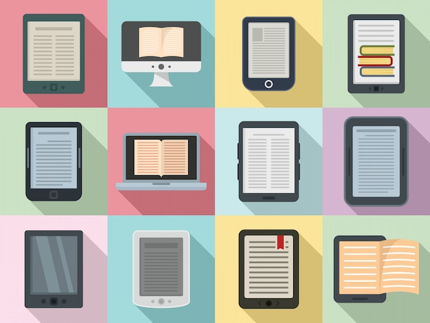 Ebook icons set, flat style