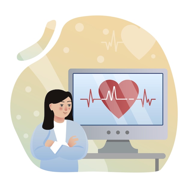 Ecg illustratie monitor dokter vrouw hart bewerkbare vector.