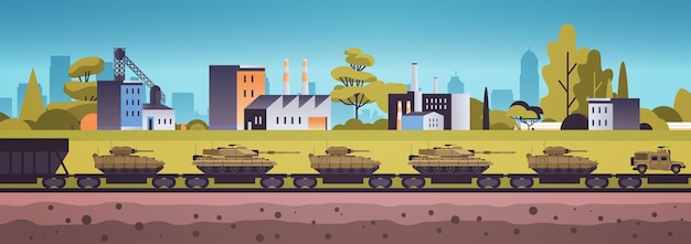 echelon of military tanks special battle transport on railway platform fighting vehicles delivery concept stop war against Ukraine horizontal vector illustration