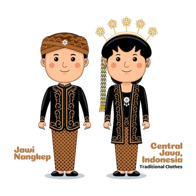 Vector echtpaar draagt indonesische traditionele kleding uit midden-java