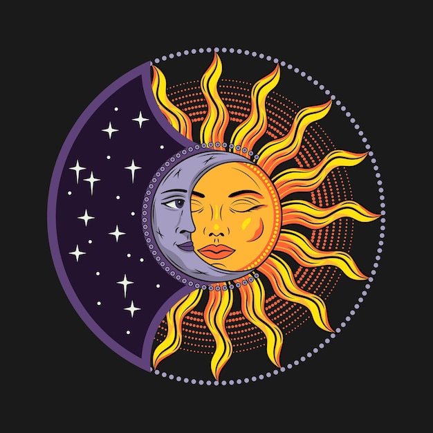 Eclipse with sun crescent moon Mythological medieval fairytale characters with face magic mystical astrology symbols Design for tattoo astrology stickers tarot Retro style