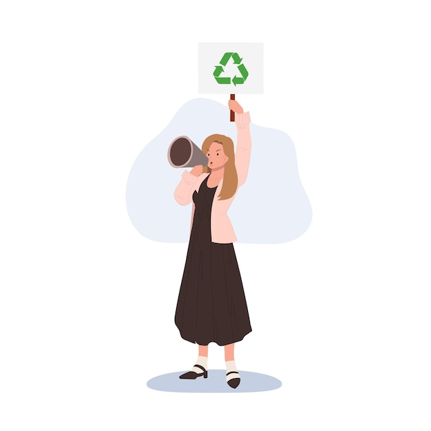 Eco Activist Protesting concept Woman with megaphone and recycle placard is protesting Flat vector cartoon character illustration