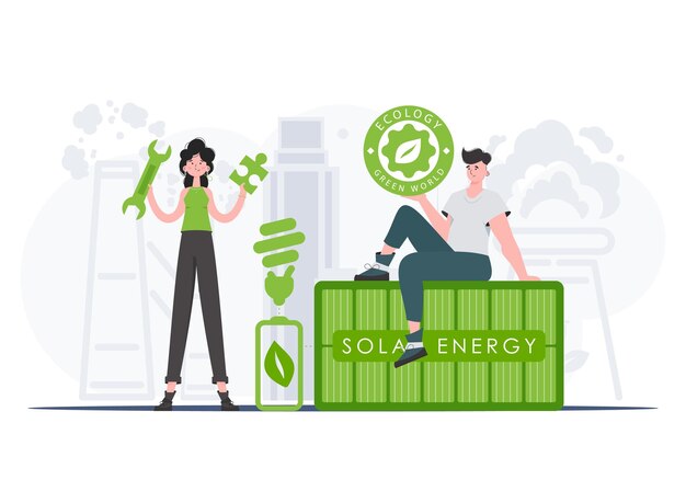 ECO are caring people The concept of ecology and green energy trendy style Vector illustration