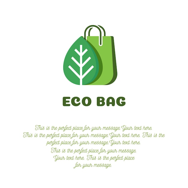 Concetto di banner eco bag con sacchetto di carta per la spesa e colore verde foglia su sfondo bianco per negozio di prodotti freschi di fattoria mercato di prodotti naturali negozio di alimenti vegani logo di prodotti biologici vector 10 eps