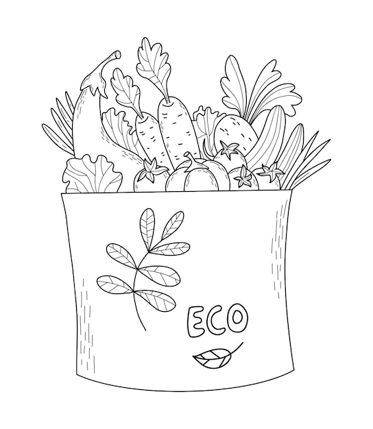 Eco bag with vegetables sketch Paper bag with food Carrots beetroot tomatoes cucumbers eggplant