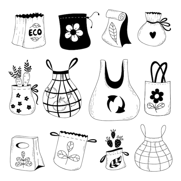 Vettore sacchetti ecologici scarabocchi collezione sacchetti della spesa in carta pacchetto e reti tessili eco-compatibili