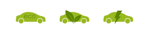 Vettore eco car set icona verde auto elettrica ibrida con simbolo piatto isolato vettoriale a foglia