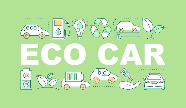 Eco car word concepts banner. Geen vehicle. Electric car. Isolated lettering typography idea with linear icons. Eco friendly transport. Vector outline illustration