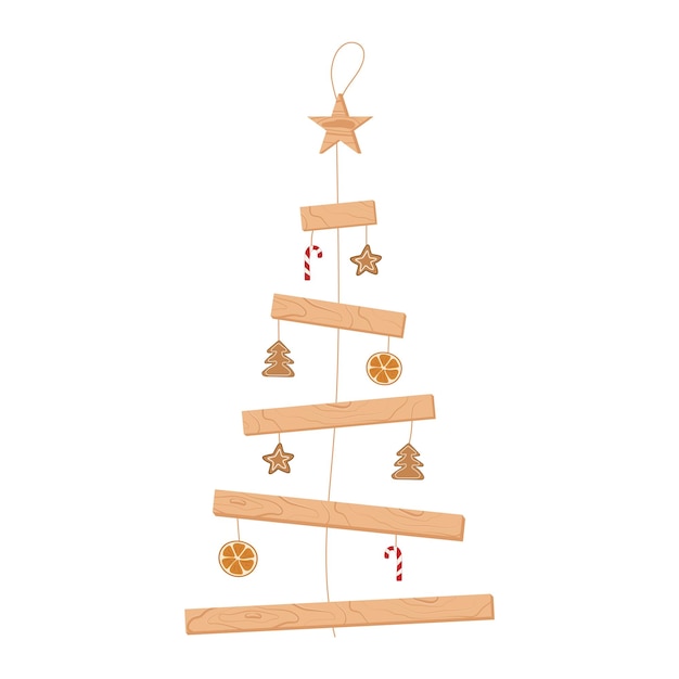 Eco Christmas tree from wooden planks on rope Zero waste plastic free concept
