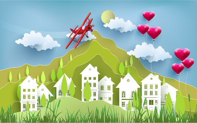 Eco city with love balloons and small plane