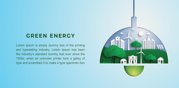 Eco-concept en groene stroom in groene stad kroonluchter vorm papier gesneden vectorillustratie
