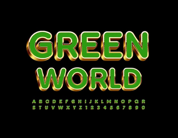 Concetto di eco green world textured green e gold font 3d alfabeto lettere e numeri impostati