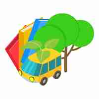 Vector eco concept icon isometric vector yellow eco car with green leaf book and tree ecology environmental protection