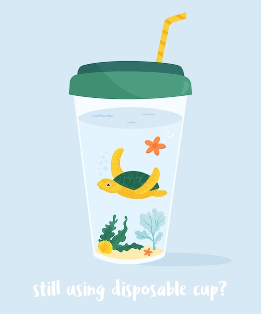 Eco concept poster with marine turtle in coffee cup. environment protection. stop ocean pollution.