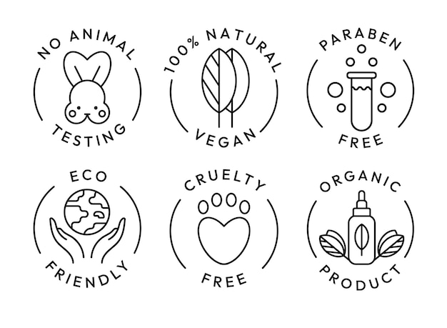 eco cosmetics icon organic natural products alcohol paraben and gluten free line icons