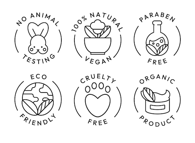 eco cosmetics icon organic natural products alcohol paraben and gluten free line icons