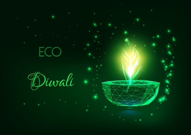 Концепция eco diwali с накаляя низкой полигональной лампой diya и зеленым листом на темноте - зеленом цвете.