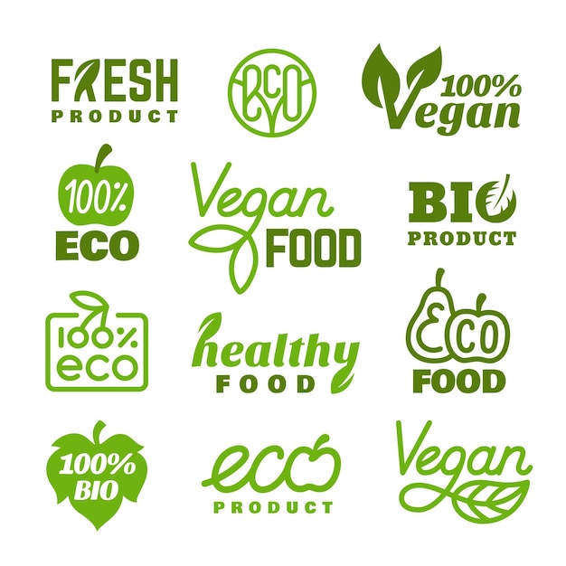 Eco emblems Organic bio logo fresh green food stickers Vegetarian badge high quality agriculture market goods Natural product tidy vector tags