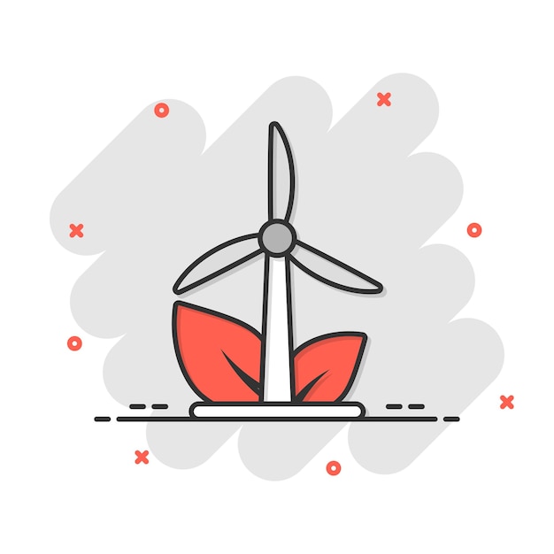 Eco energie pictogram in komische stijl Leaf wind power plant cartoon vector illustratie op witte geïsoleerde achtergrond Elektricien splash effect teken bedrijfsconcept