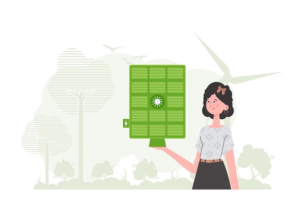 eco energy concept the girl holds a solar panel in her hand vector trendy style