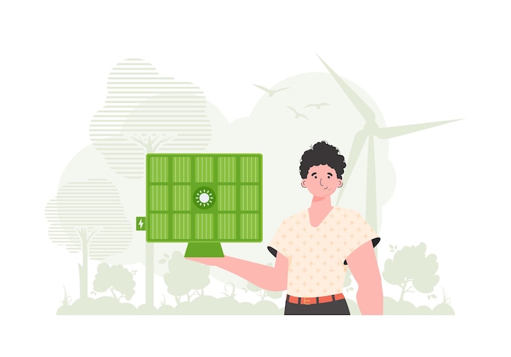 Vector eco energy concept the guy is holding a solar panel in his hand vector trendy style