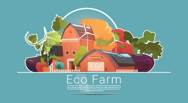 Eco farming, farm house, farmland with wind turbine renewable energy station