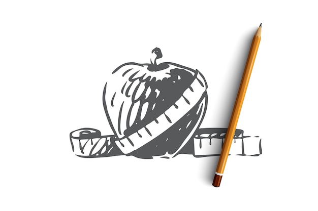 Eco, food, apple, nature, organic concept. Hand drawn fresh apple with measurement tool concept sketch.   illustration.