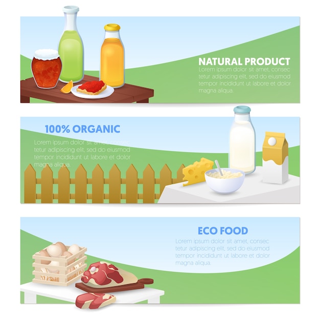 Вектор Эко-еда. горизонтальные баннеры натуральных продуктов с молоком, сыром и мясом.