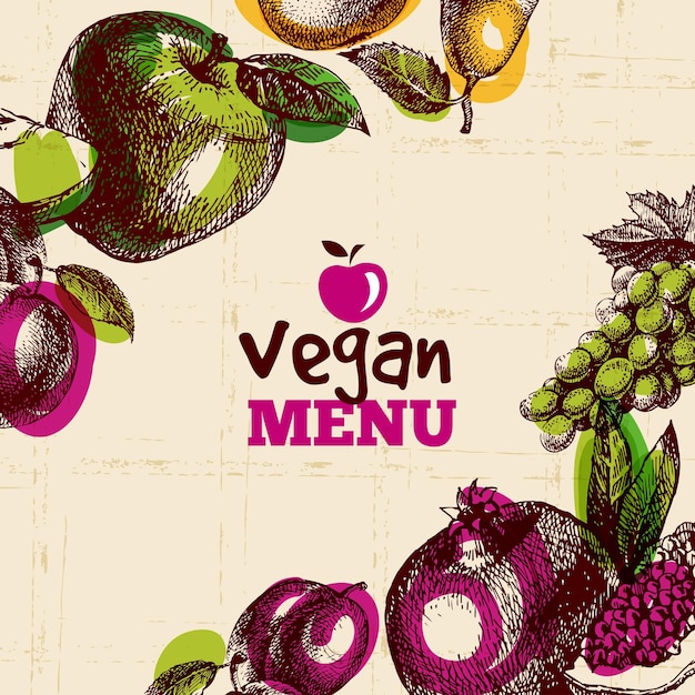 Vettore sfondo del menu vegano di cibo ecologico illustrazione vettoriale di frutti di schizzo disegnati a mano e ad acquerello