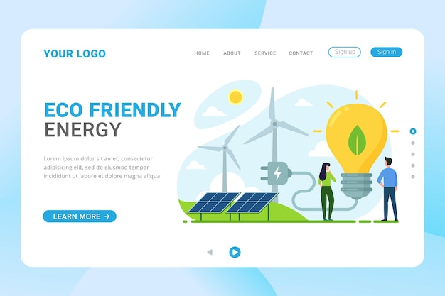 Vector eco friendly energy landing page template. electricity from solar panels and windmills vector illust