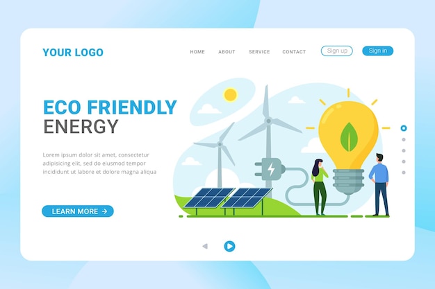 Eco friendly energy landing page template. electricity from solar panels and windmills vector illust