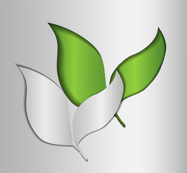 銀色の背景に環境に優しい緑のロゴ紙カット スタイルの緑の葉グリーン エコロジー クリーン エコロジーの概念環境に優しい製品環境に優しい