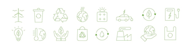 Eco friendly icon set with objects related to environmental electric car organic farming