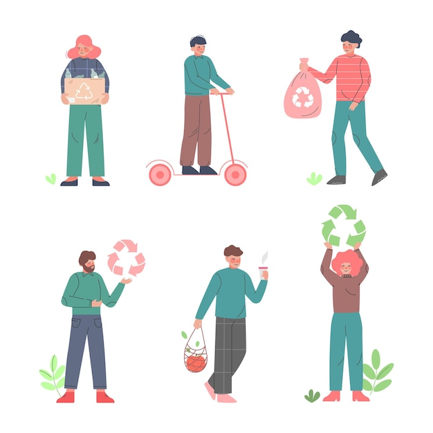 Vector eco friendly lifestyle with people characters protecting environment vector set young man and woman enjoy clean planet