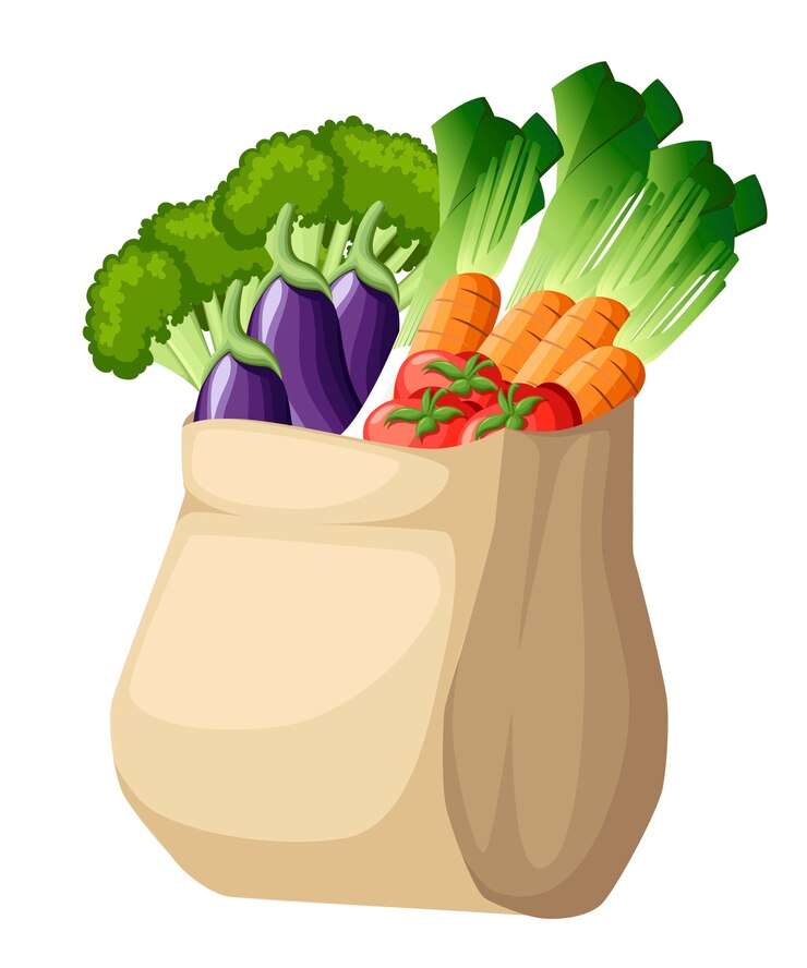 Eco friendly paper bag. Recycled shopping bag with vegetables. Recycled pack with fresh organic food. Healthy vegetables grown locally.  illustration  on white background.