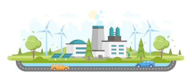 Vector eco-friendly plant - modern flat design style vector illustration on white urban background. a composition with a big factory, solar panels, windmills, trees, cars on the road