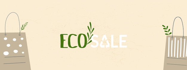 ベクトル 環境にやさしい再利用可能でリサイクルクラフトバッグまたは春の緑の販売バナーリサイクルゼロウェイストゴーグリーンコンセプト環境にやさしいショッピング段ボールクラフトパックフラットベクトル漫画イラスト