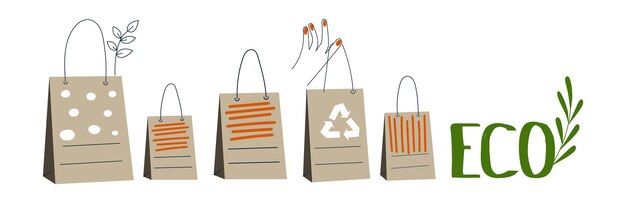 Vector eco friendly reusable and recycle kraft bag recycling zero waste go green concept paper pack set ecofriendly shopping cardboard craft pack organic delivery flat vector illustration