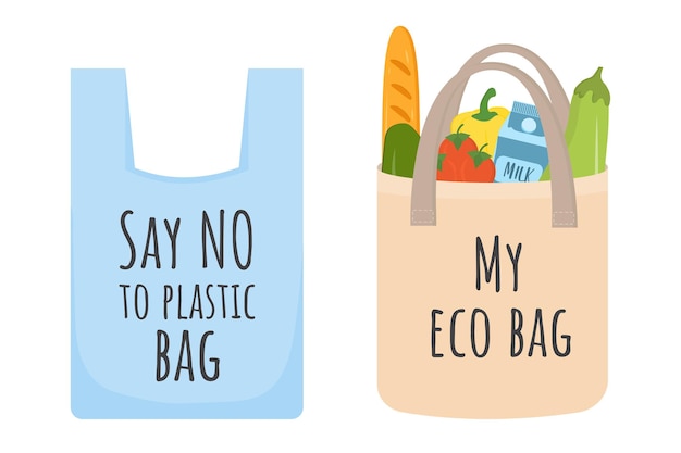 Eco friendly reusable shopping bag with products and plastic bag