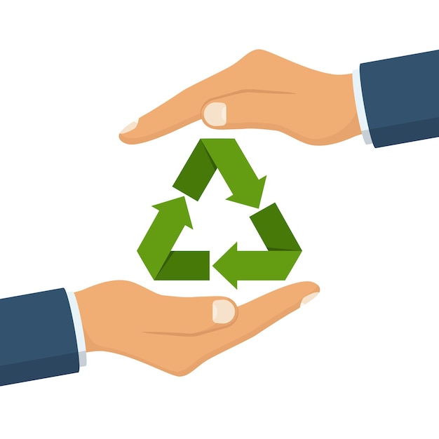 Eco friendly Save nature Ecology business Paper recycle icon in hand human Protection planet environment Vector illustration flat design Isolated on white backgroundxA